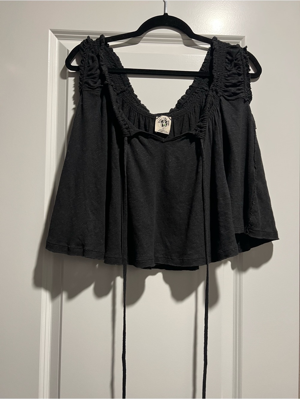 We The Free Black Smocked Off-Shoulder Crop Top with Ties